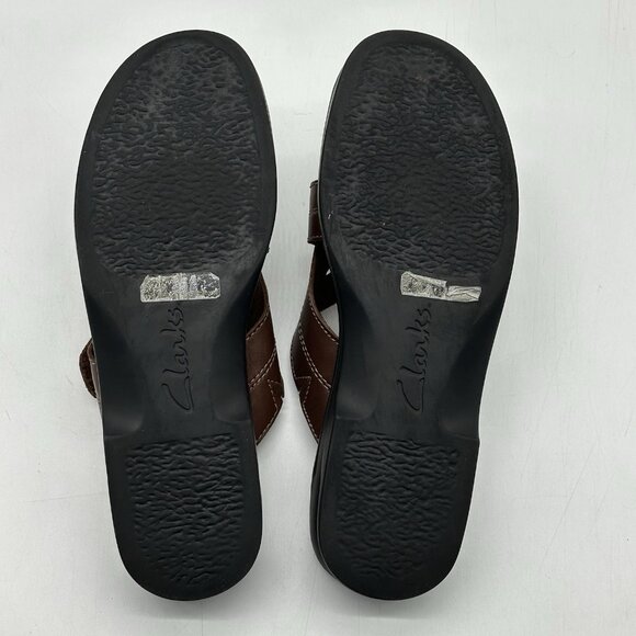 Clarks Brown Leather Woven Criss-Cross Strap Slip-On Sandals Women's Size 10M - Picture 9 of 10